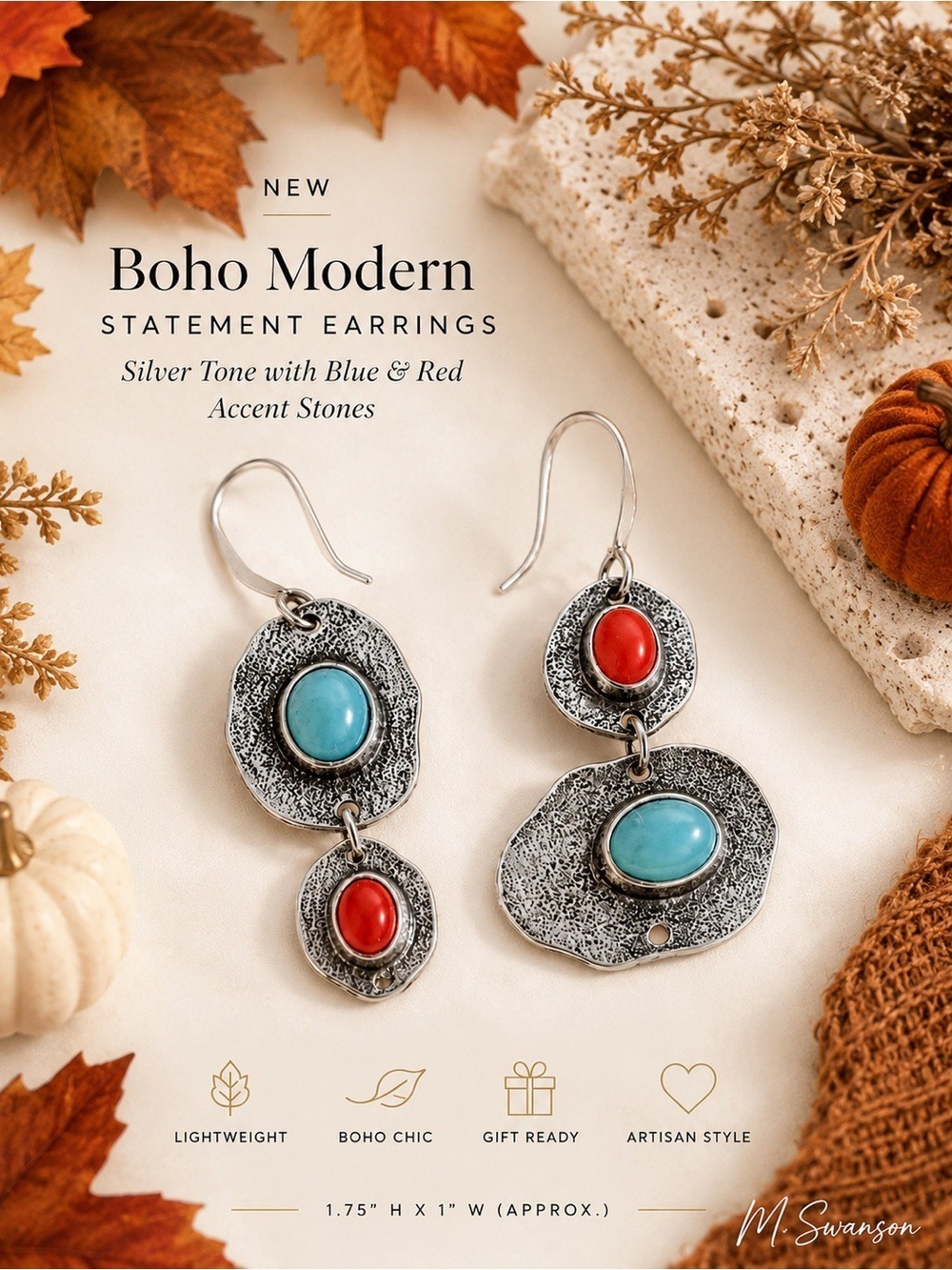 NEW Boho Modern Silver-Tone Statement Drop Earrings | Blue & Red Accent Stones